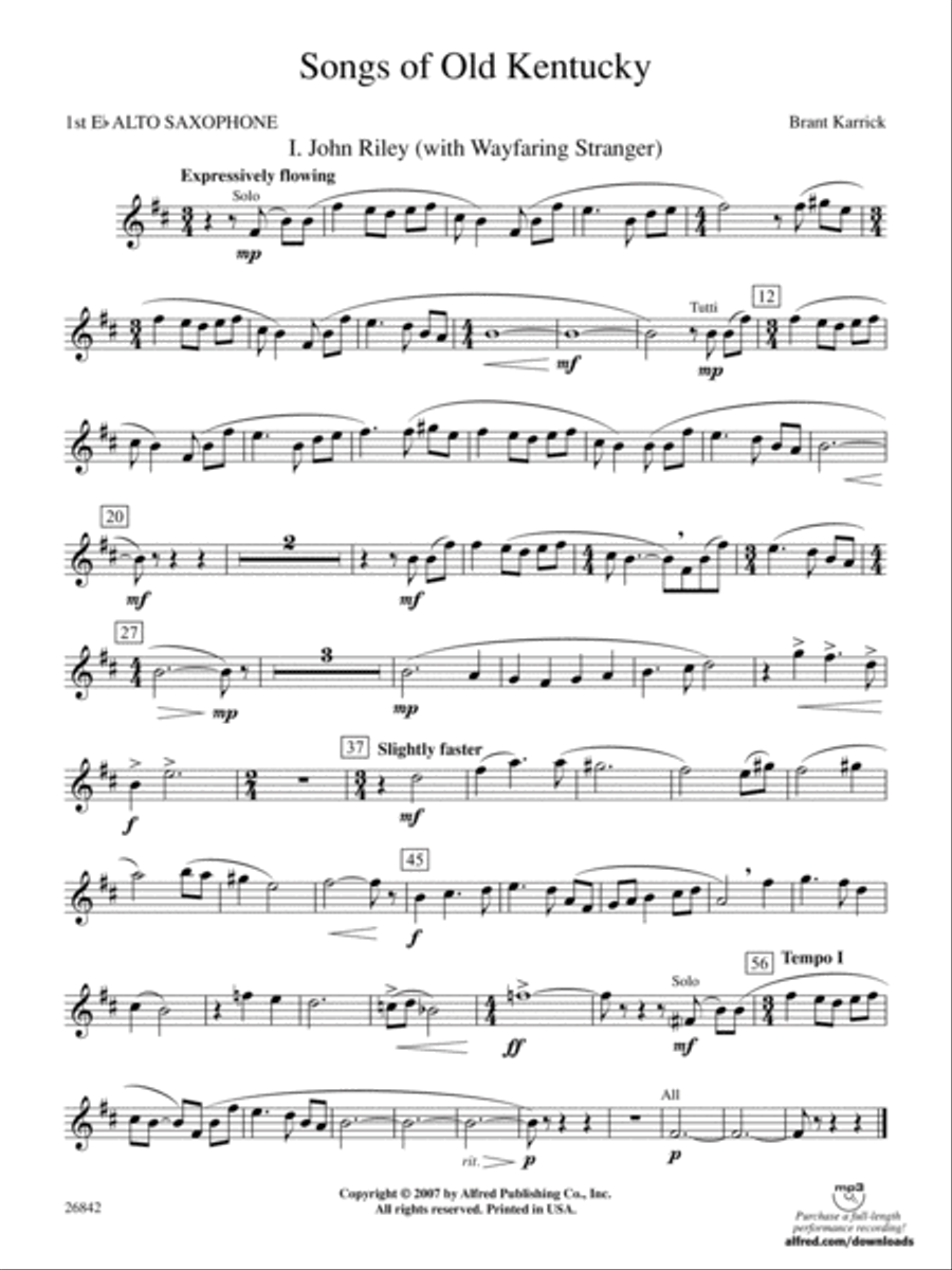 Songs of Old Kentucky E flat Alto Saxophone Concert Band