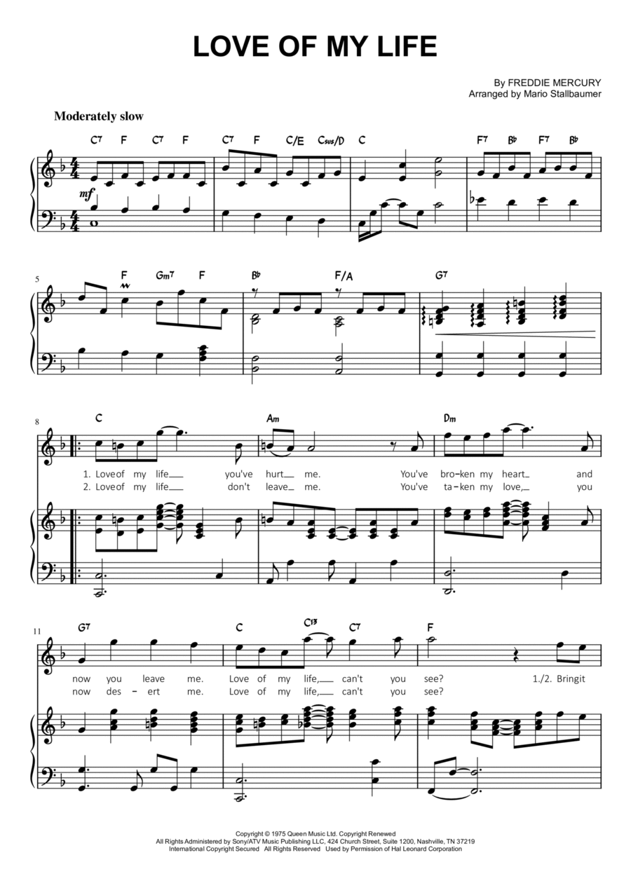 Love Of My Life" Sheet Music by Queen for Piano/Vocal/Chords