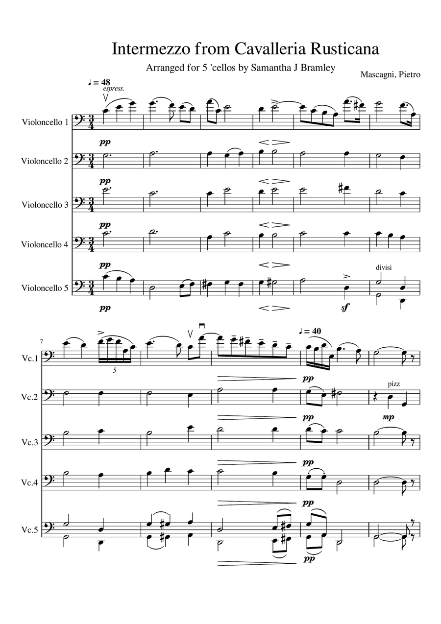 Intermezzo from Cavalleria Rusticana (for 'Cello Quintet) by