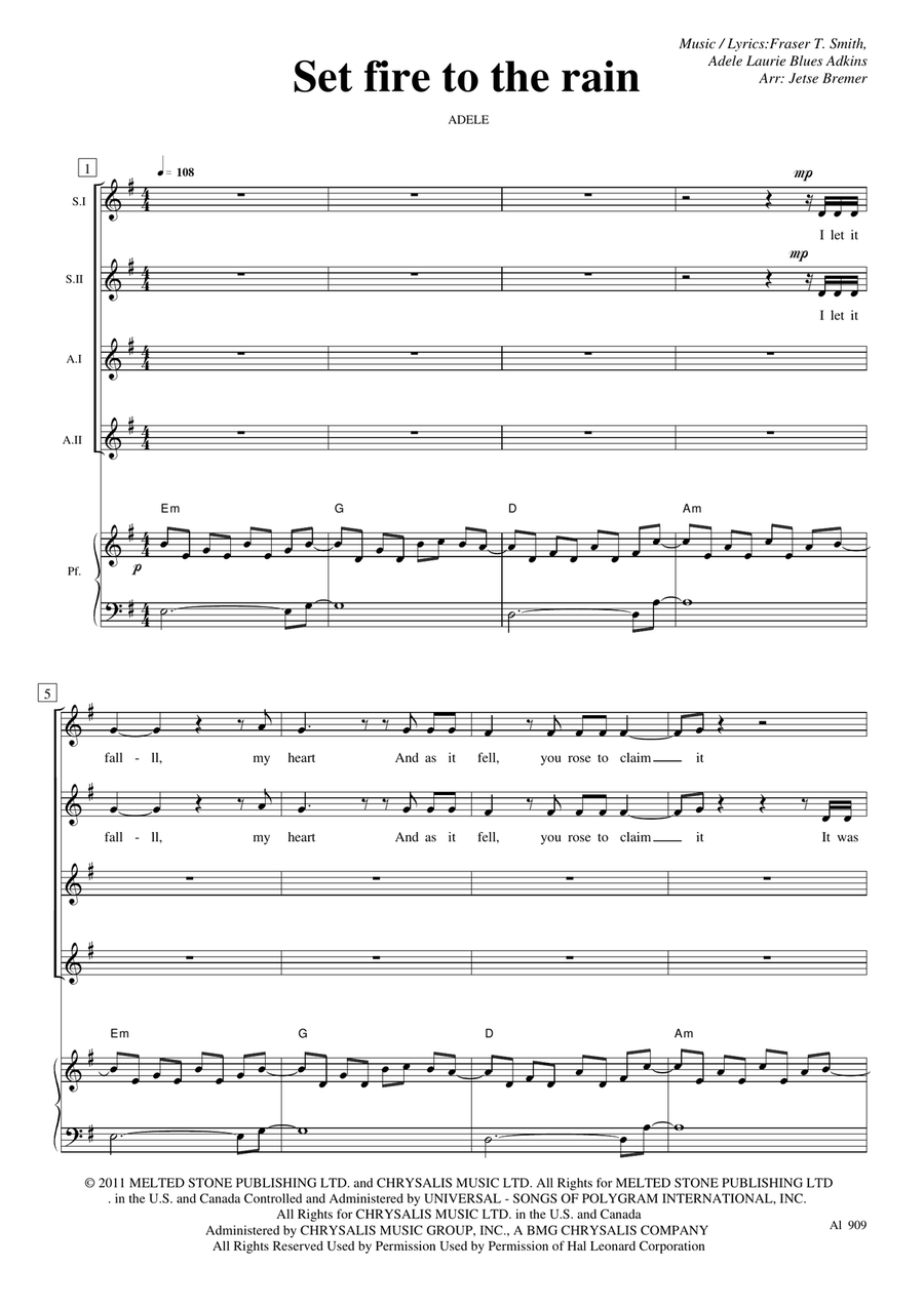 Set Fire To The Rain by Adele - Choir, SSAA, 4-Part - Intermediate