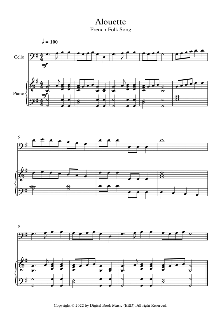 Alouette French Folk Song (Cello + Piano) Piano Digital Sheet