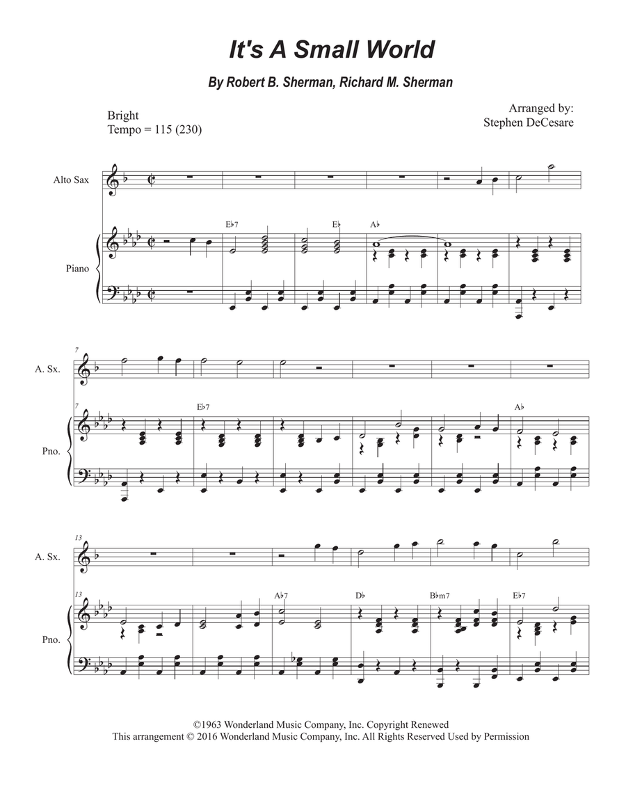 It s A Small World by Richard M. Sherman Alto Saxophone