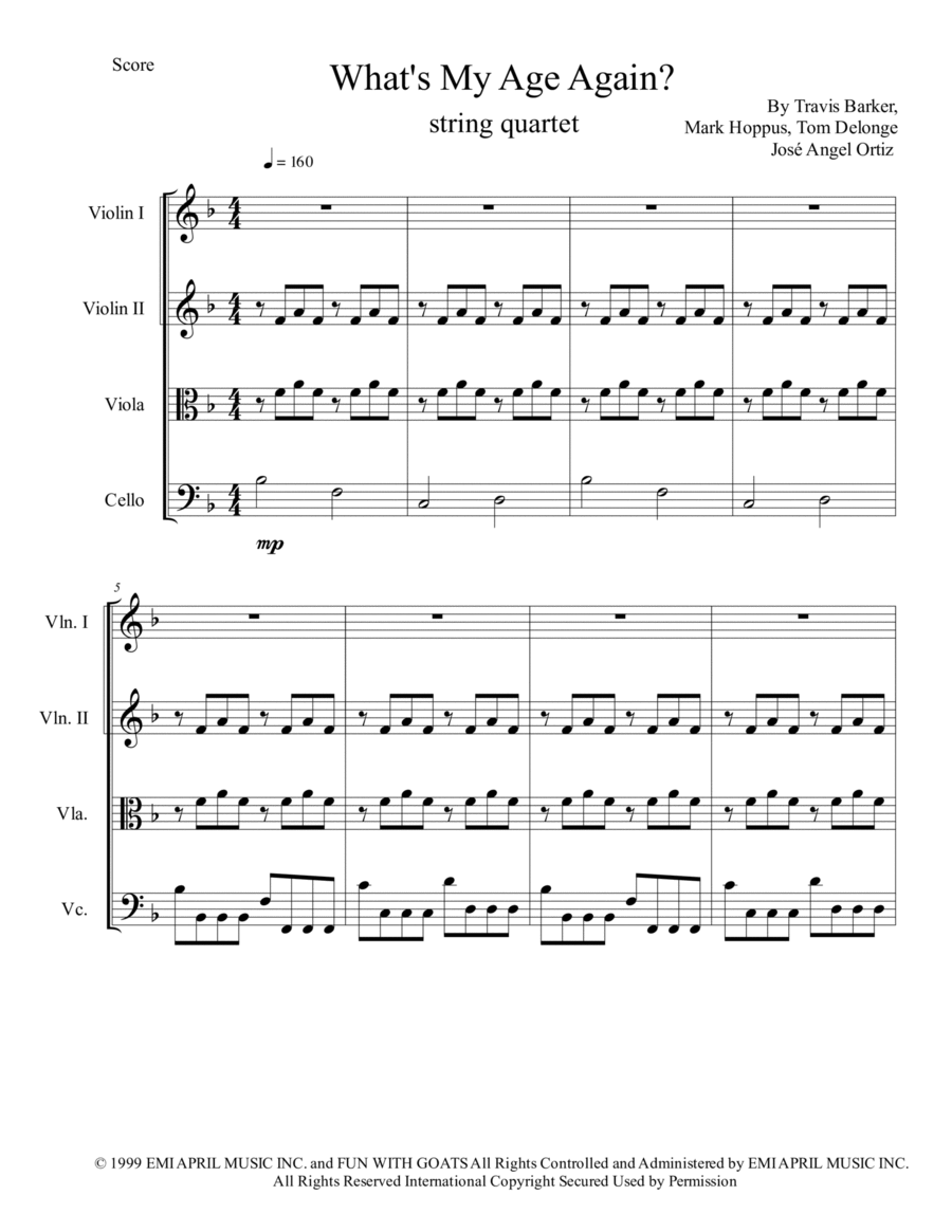 What's My Age Again? by Blink 182 String Quartet Digital Sheet