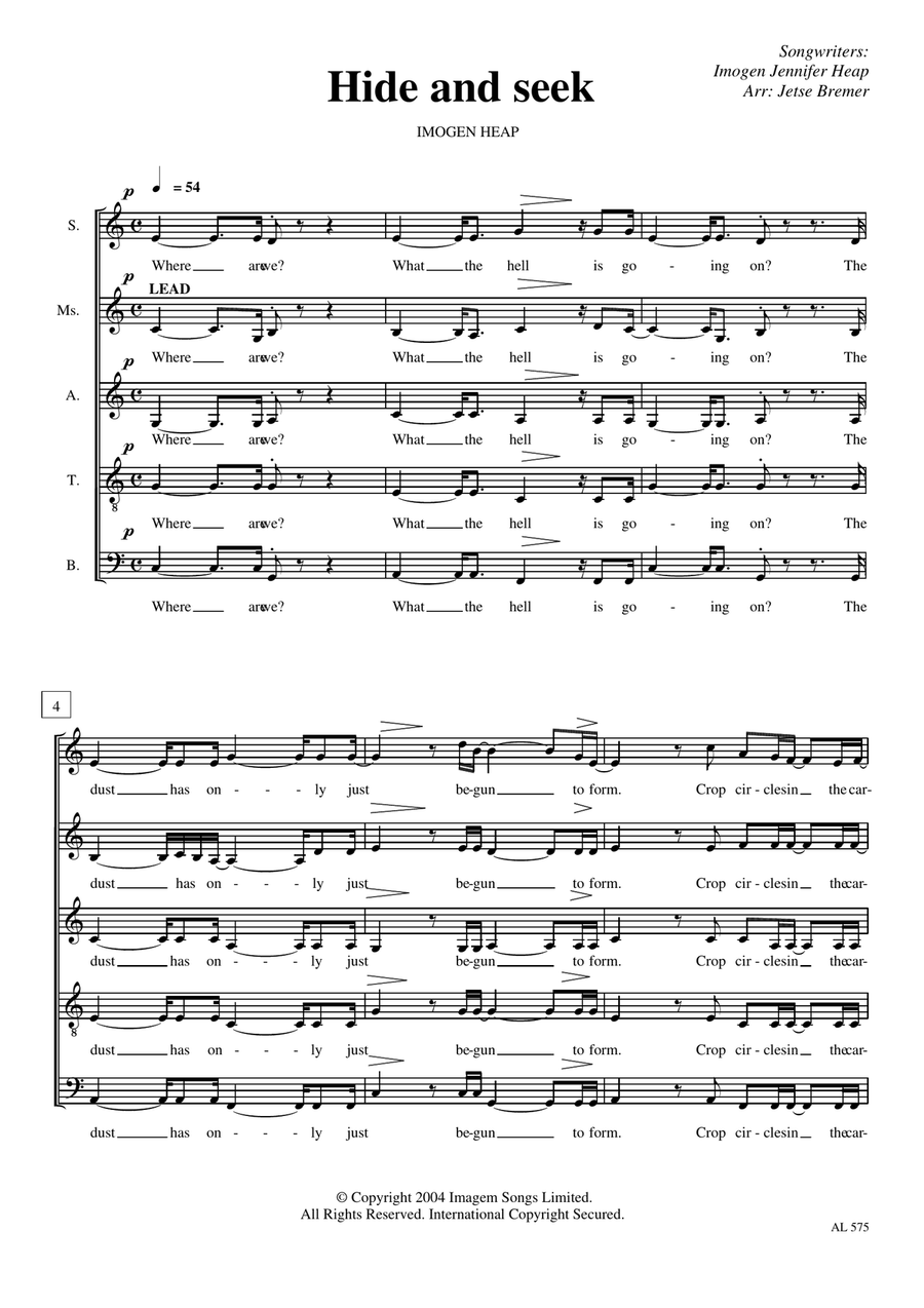 Hide And Seek by Imogen Heap - Choir - Digital Sheet Music