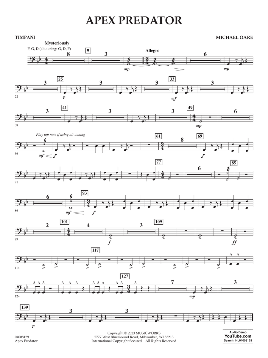 Pantera,VulgarDisplayOfpower,bandscore楽譜 Apex Predator - Timpani by Michael Oare - Concert Band - Grade 2