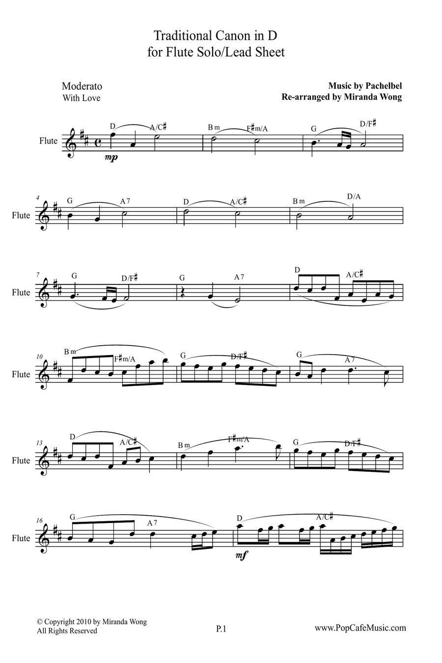 Traditional Canon in D Flute Solo Lead Sheet by Johann
