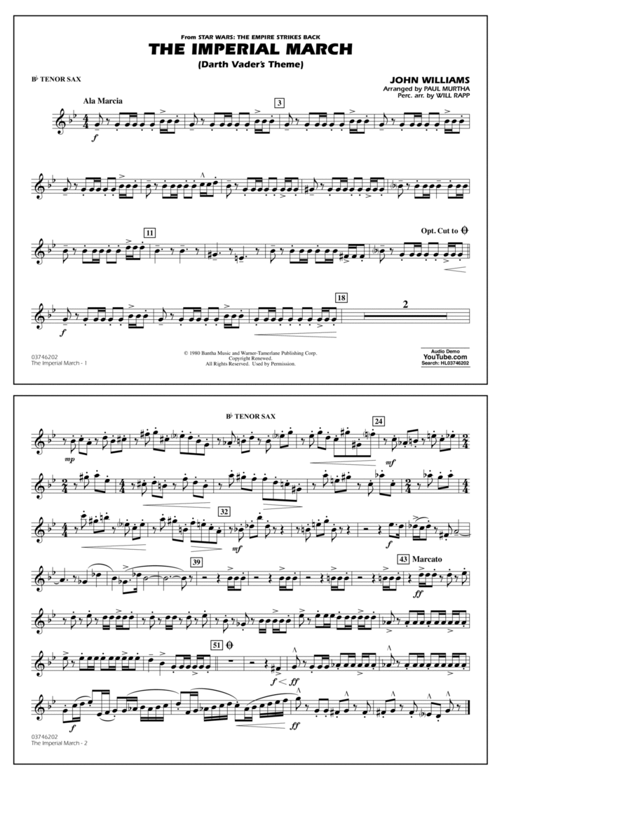 The Imperial March (Darth Vader's Theme) Bb Tenor Sax by John Williams Tenor Saxophone