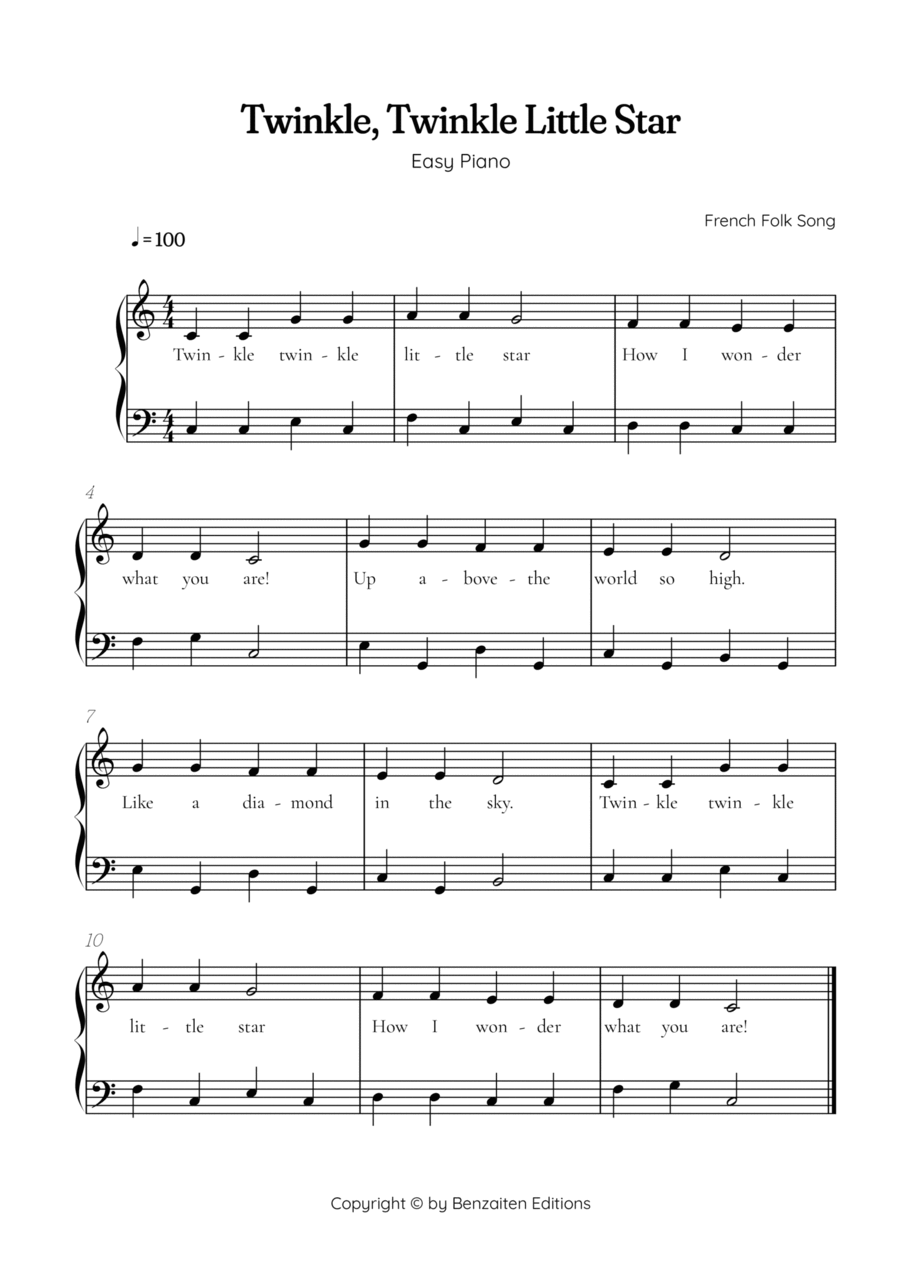 Twinkle, Twinkle Little Star • Easy piano music sheet in PDF - Piano Method  - Digital Sheet Music