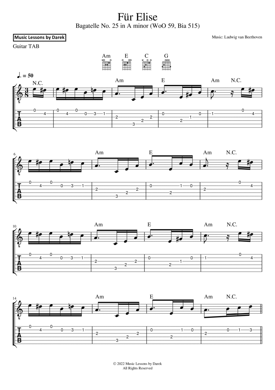 Fur Elise GUITAR TAB Bagatelle No. 25 in A minor WoO 59 Bia 515 Ludwig van Beethoven by Ludwig van Beethoven Acoustic Guitar Digital Sheet Music Sheet Music Plus
