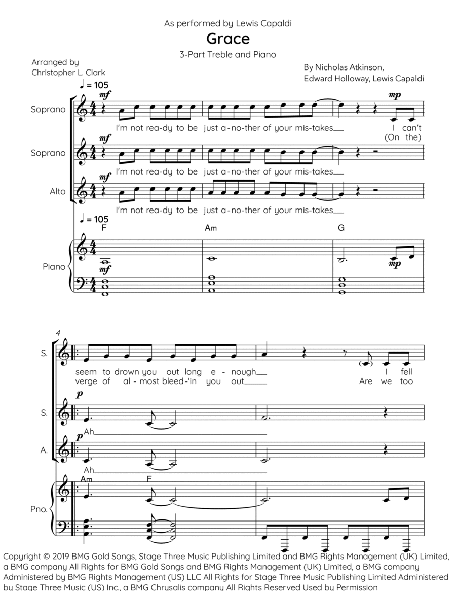 Grace by Lewis Capaldi - 3-Part - Digital Sheet Music | Sheet Music Plus