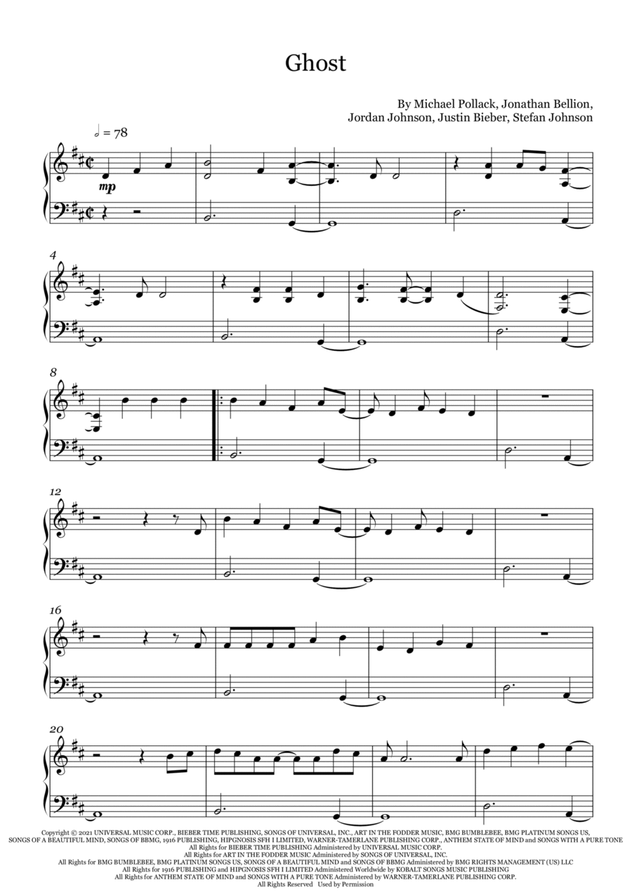 Ghost – Justin Bieber Sheet music for Piano (Solo) Easy