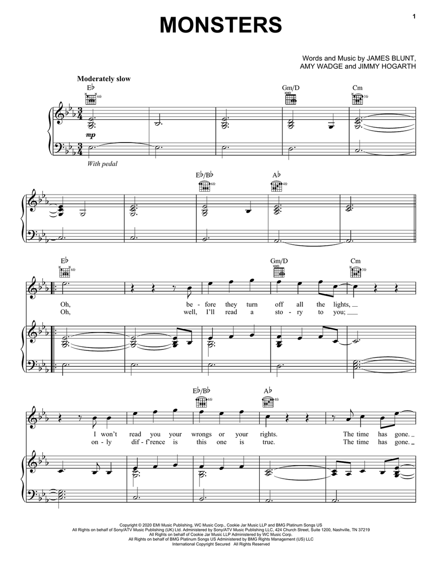 James Blunt Monsters Sheet Music in Eb Major (transposable) - Download &  Print - SKU: MN0207798