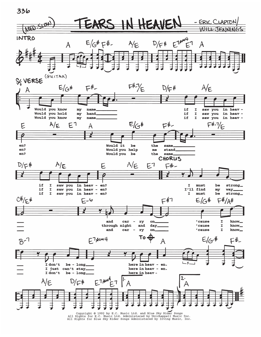 Tears In Heaven sheet music (easy) for guitar solo (easy tablature)