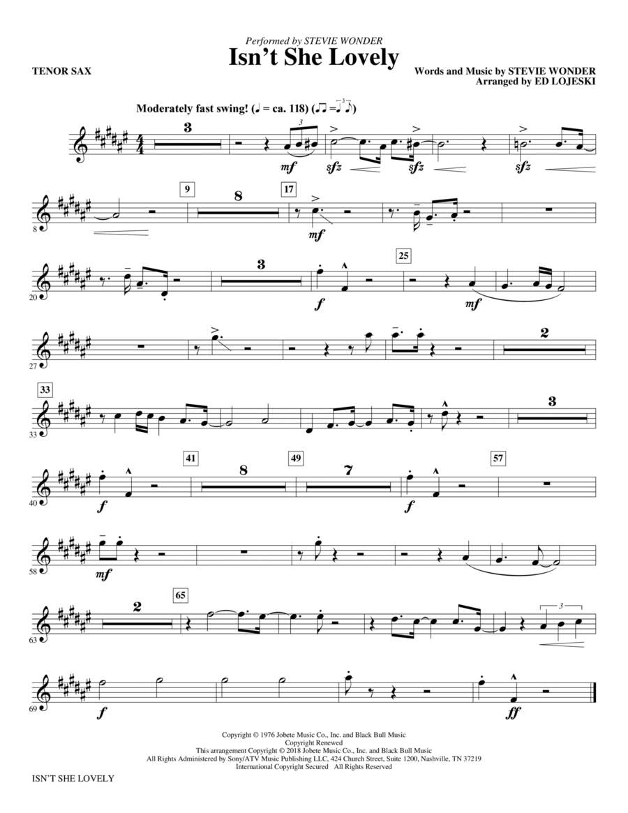 Isn't She Lovely? - Bb Tenor Saxophone Sheet Music, Stevie Wonder