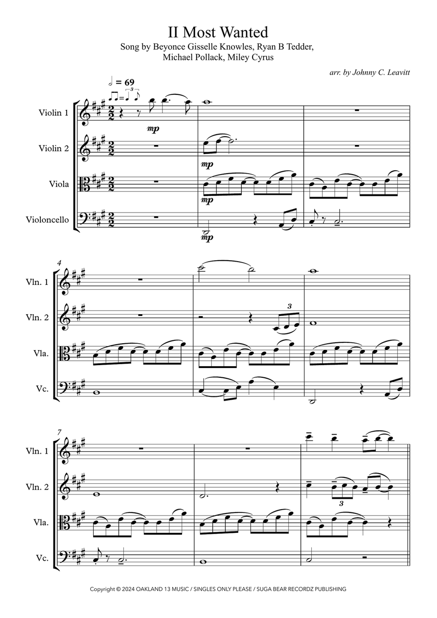 II Most Wanted by Beyonce - String Quartet - Digital Sheet