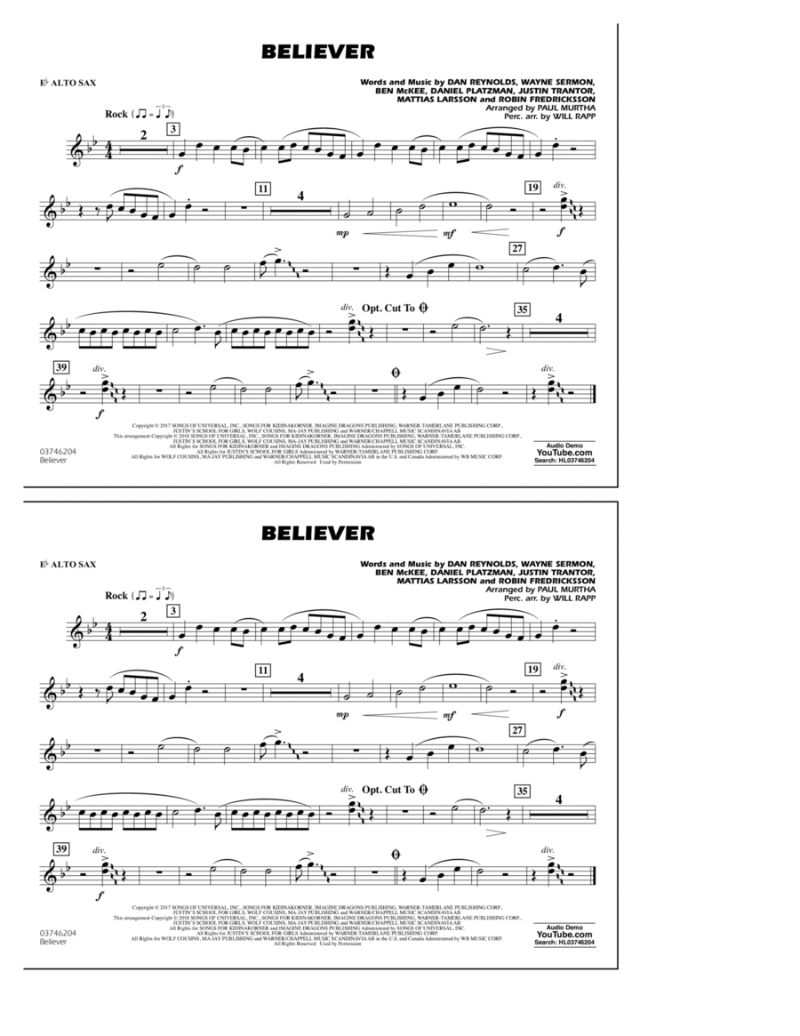 Believer - Eb Alto Sax by Imagine Dragons - Alto Saxophone - Digital ...