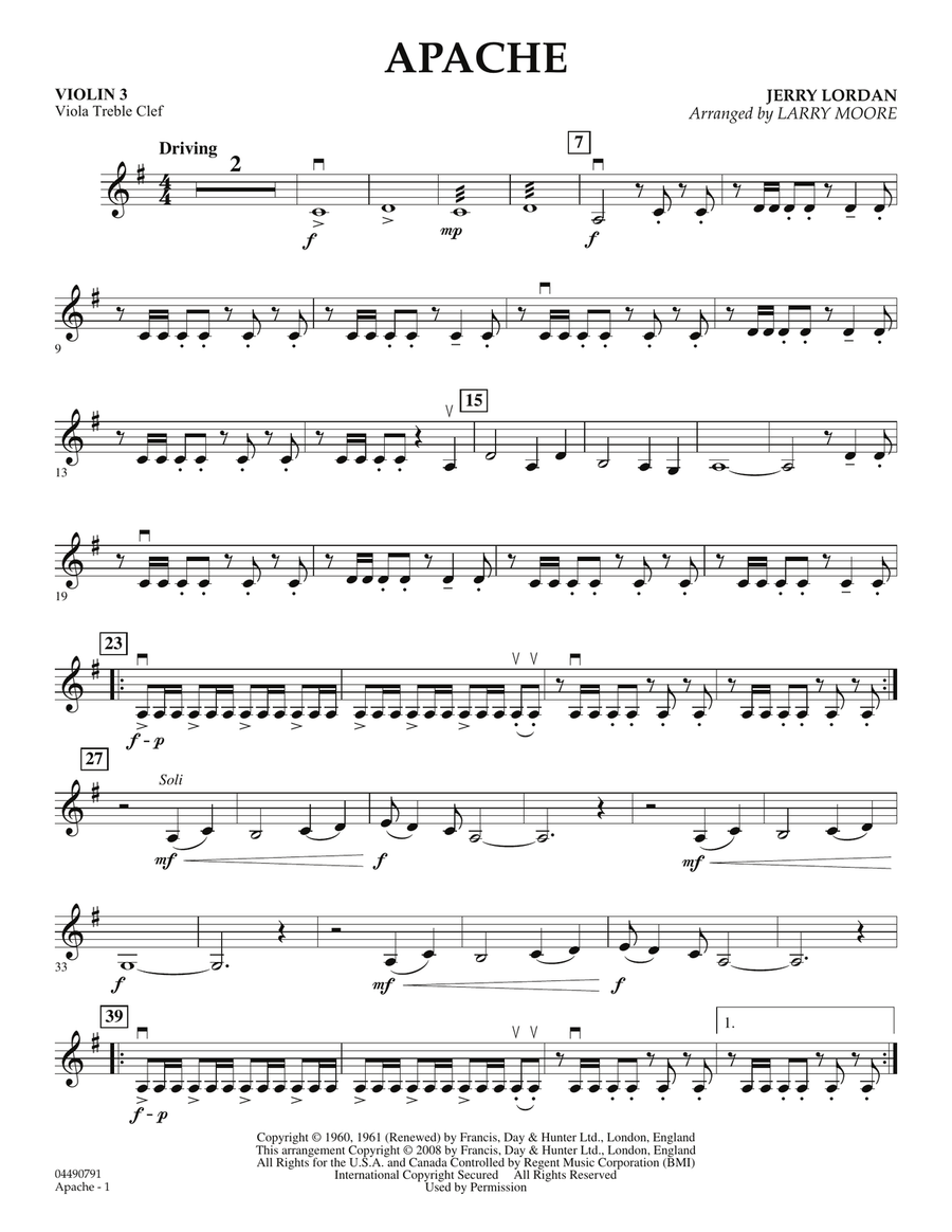 GW特価！ イージーコンサートピース　ヴァイオリンとピアノ3　パート譜CD付 Apache - Violin 3 (Viola T.C.) by Larry Moore - Viola, Violin