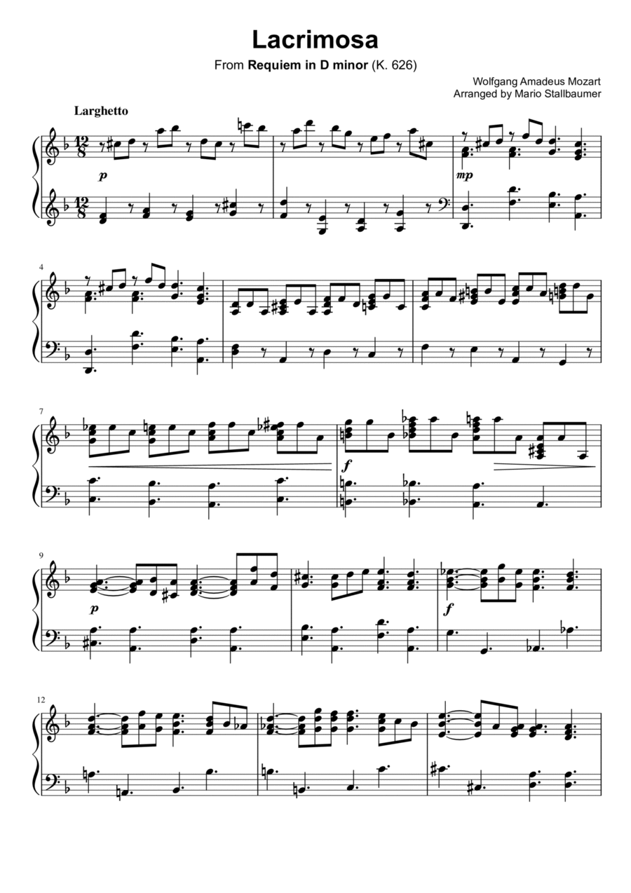 Requiem (Mozart), Lacrimosa - Partition de Piano à télécharger