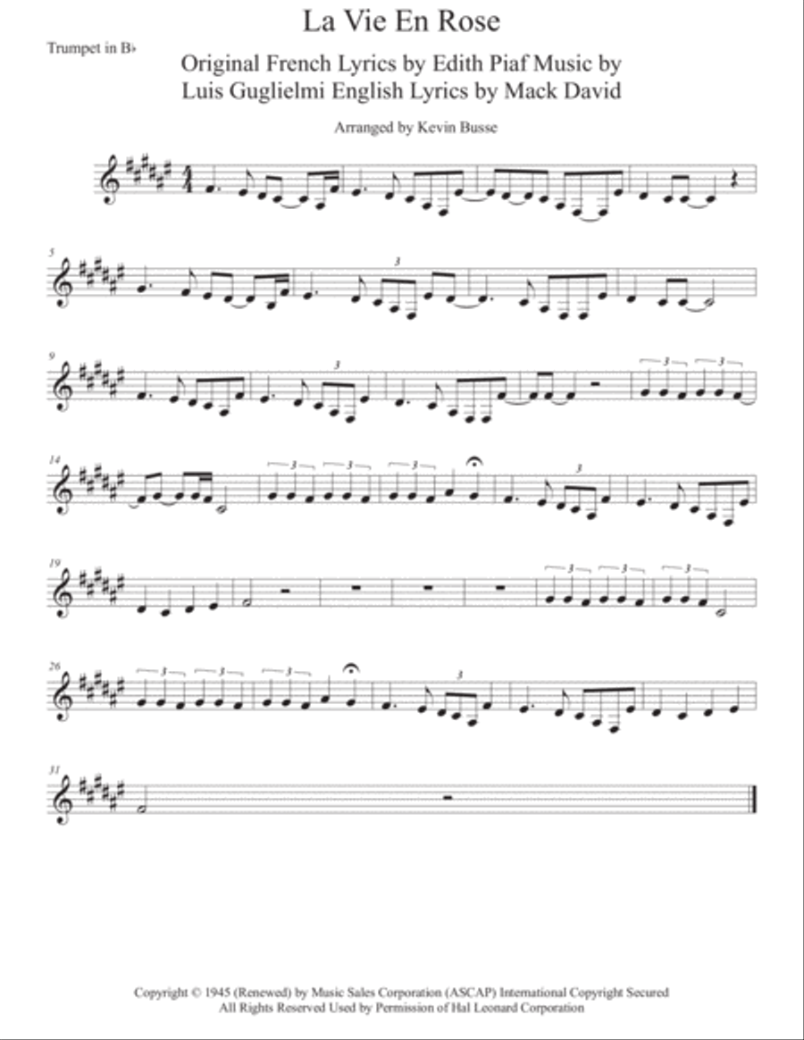 La Vie En Rose Original key Trumpet