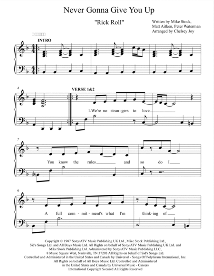 Never Gonna Give You up rick Roll chorus Only Intermediate Piano Sheet  Music With Note Names & Lyrics Printable Downloadable 