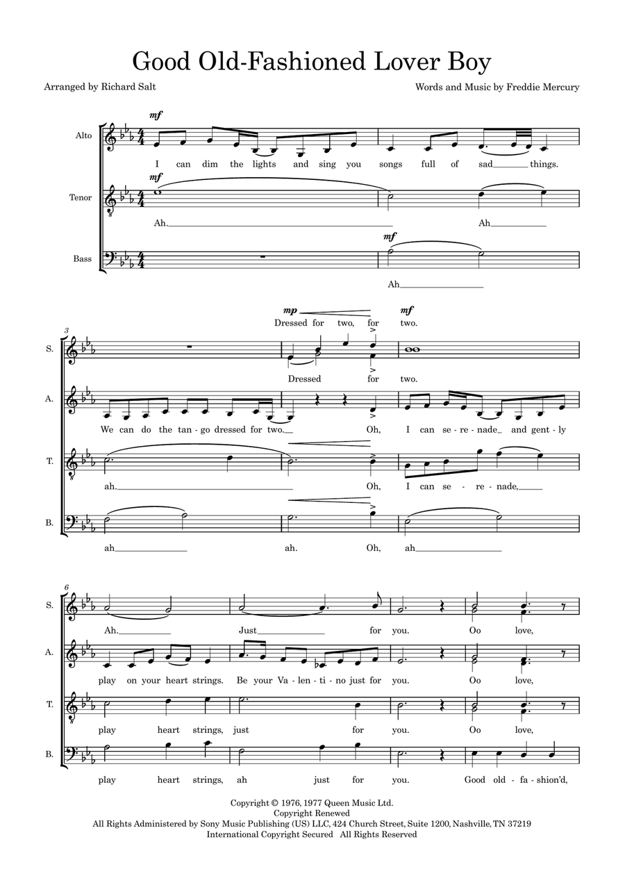 Good OldFashioned Lover Boy (arr. Richard Salt) by Queen Choir Digital Sheet Music Sheet