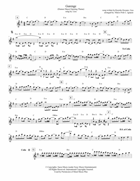 Demon Slayer OP 1】【Gurenge】 Sheet music for Piano, Oboe, Clarinet in  b-flat, Guitar & more instruments (Mixed Ensemble)