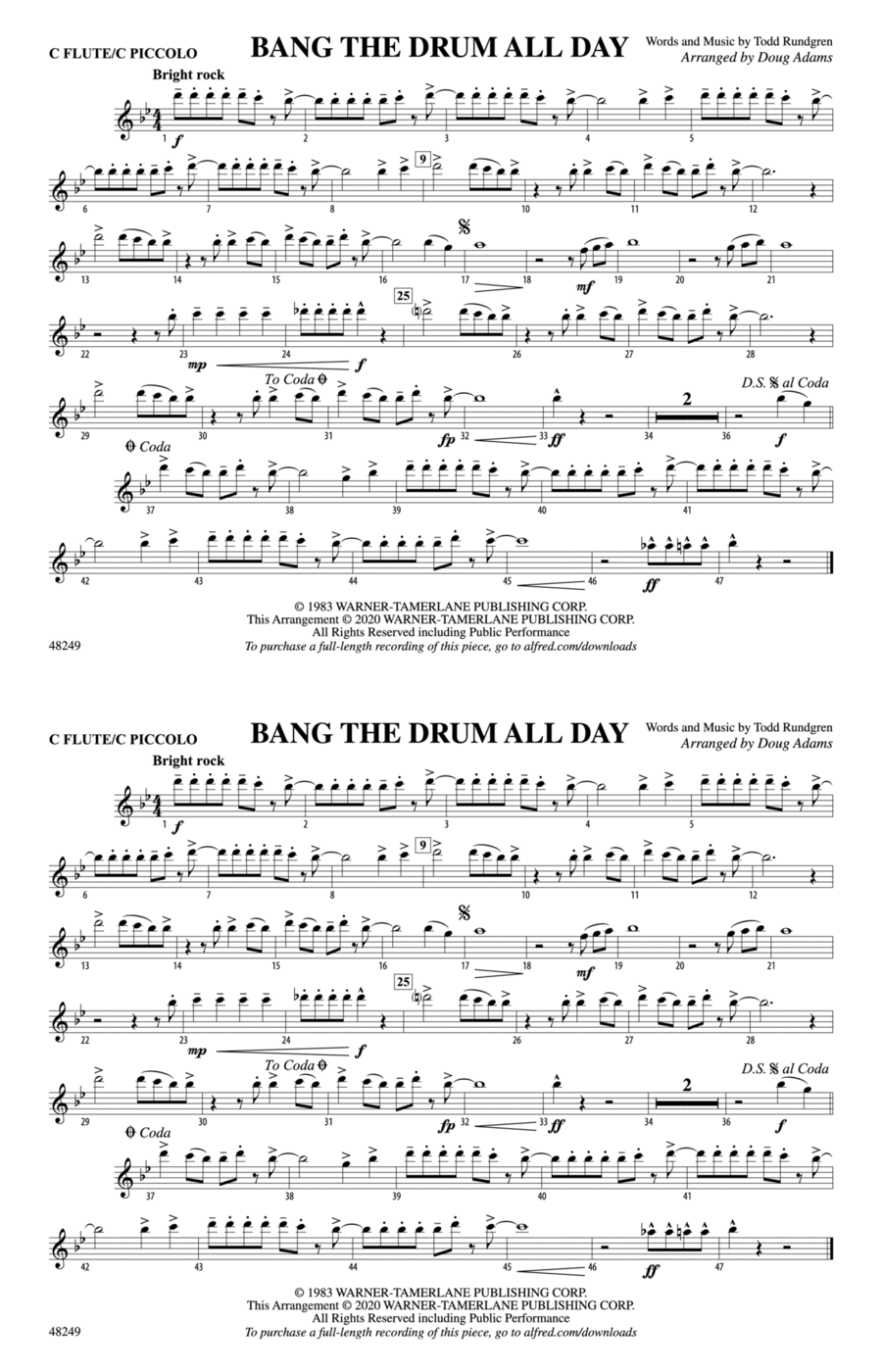Bang the Drum All Day Flute Marching Band Digital Sheet Music
