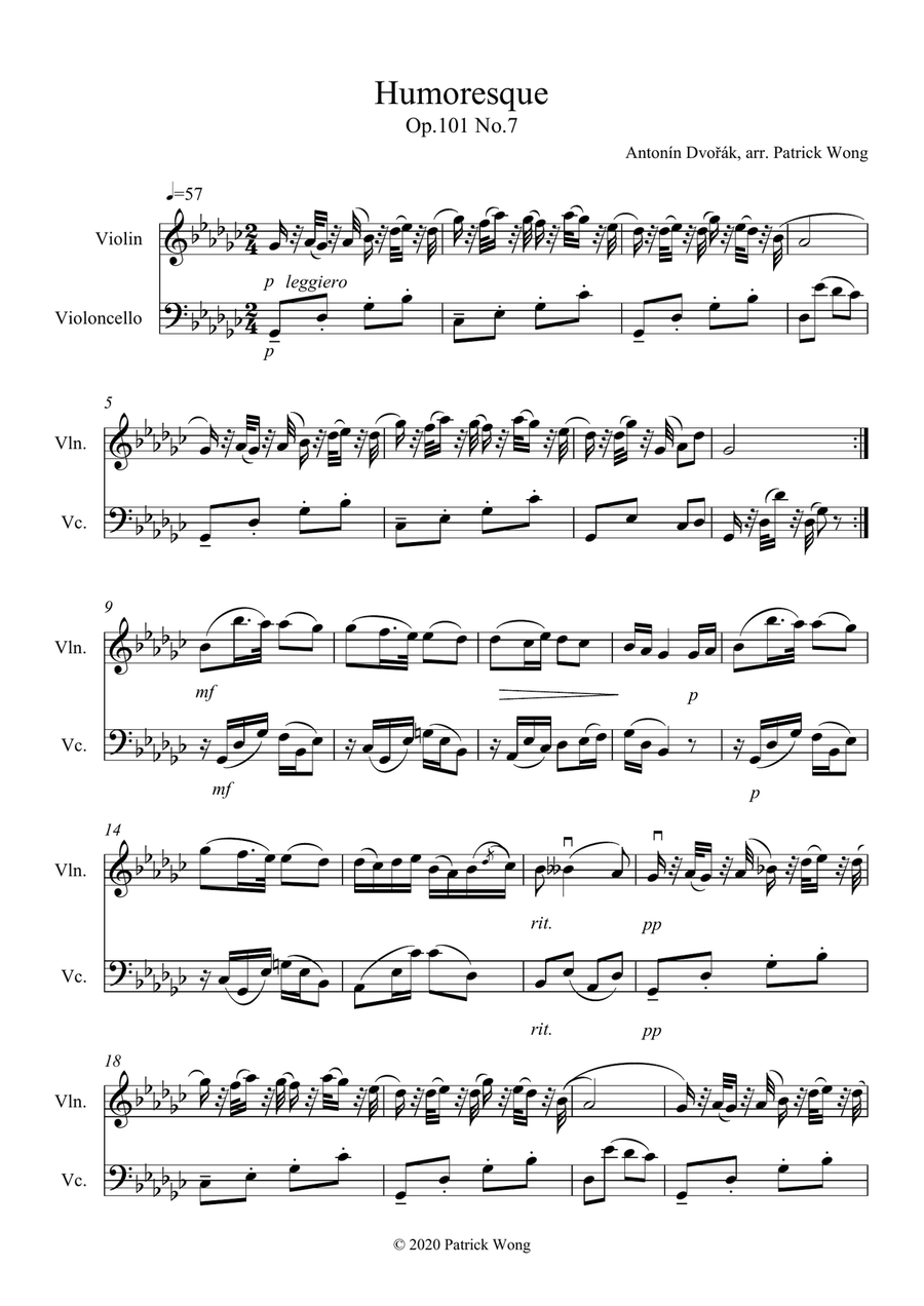 Dvorak Humoresque Op.101 No.7 Violin Cello by Antonin Dvorak String Duet Digital Sheet Music Sheet Music Plus
