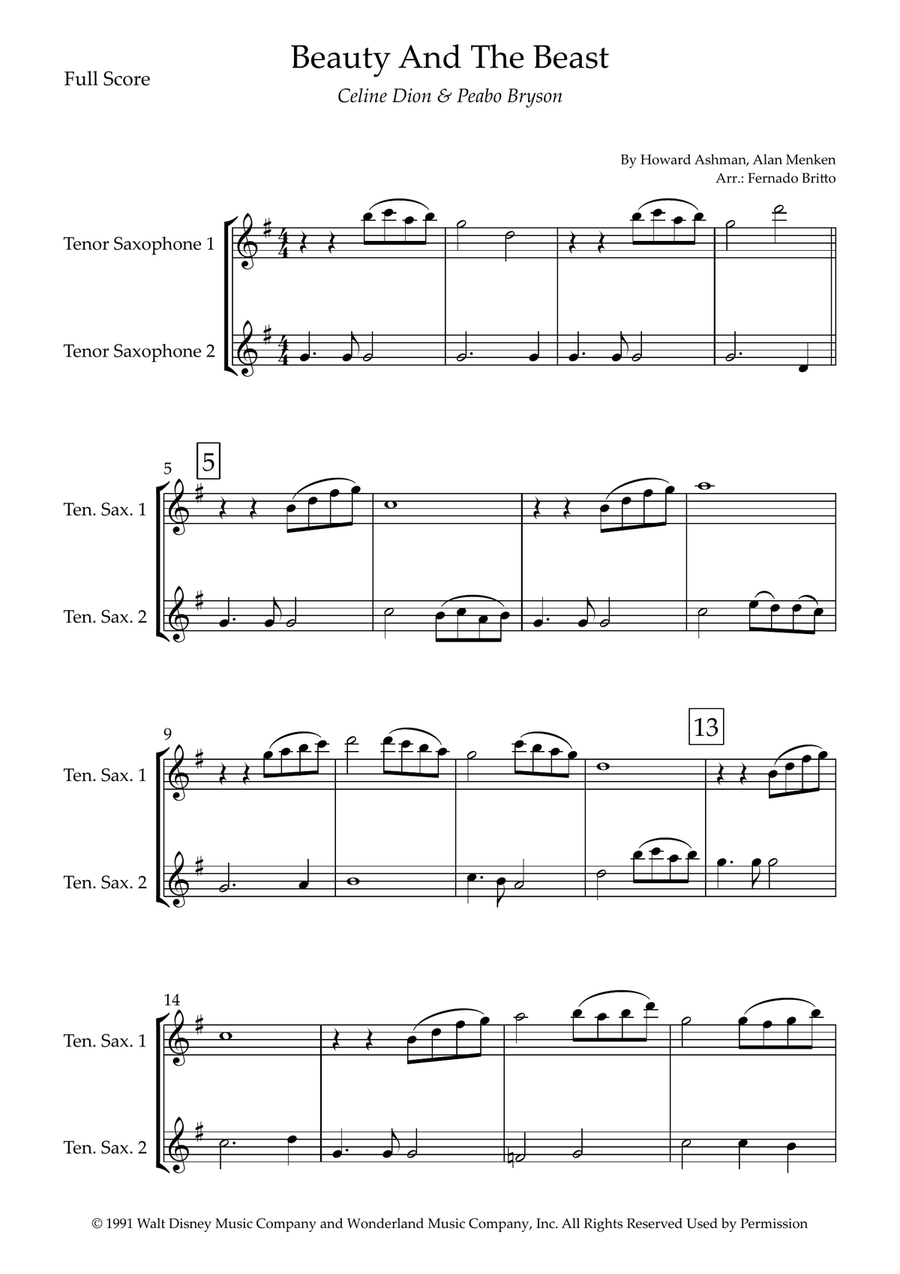 Beauty And The Beast by Celine Dion & Peabo Bryson - Tenor Saxophone ...