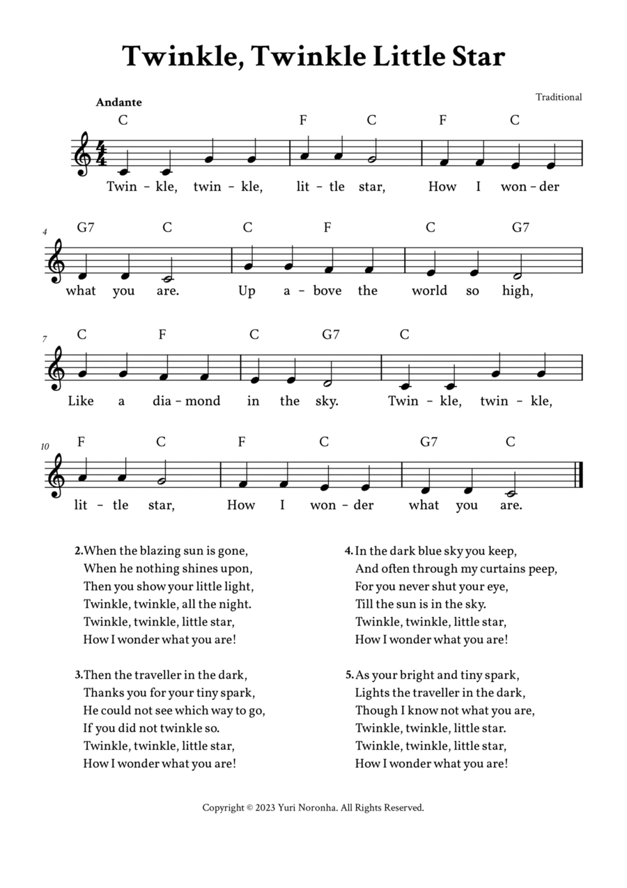Twinkle Twinkle Little Star Lead Sheet C Major Full Lyrics by Traditional A Cappella Digital Sheet Music Sheet Music Plus