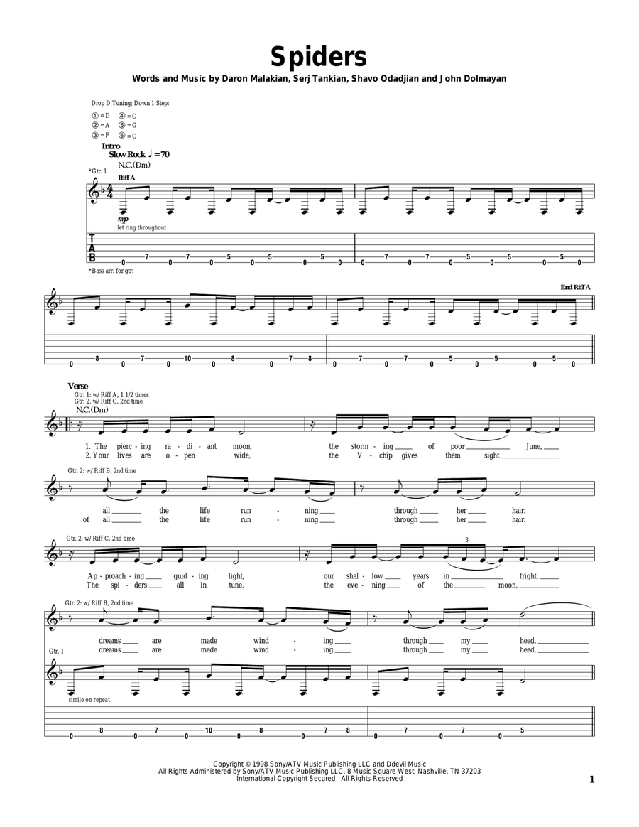 Spiders" Sheet Music by System Of A Down for Guitar Tab - Sheet Music  Now