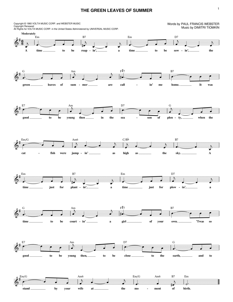 The Green Leaves Of Summer by Dimitri Tiomkin Piano Digital Sheet