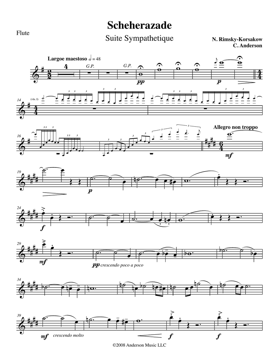 Scheherazade arranged for flute, harp and string quintet