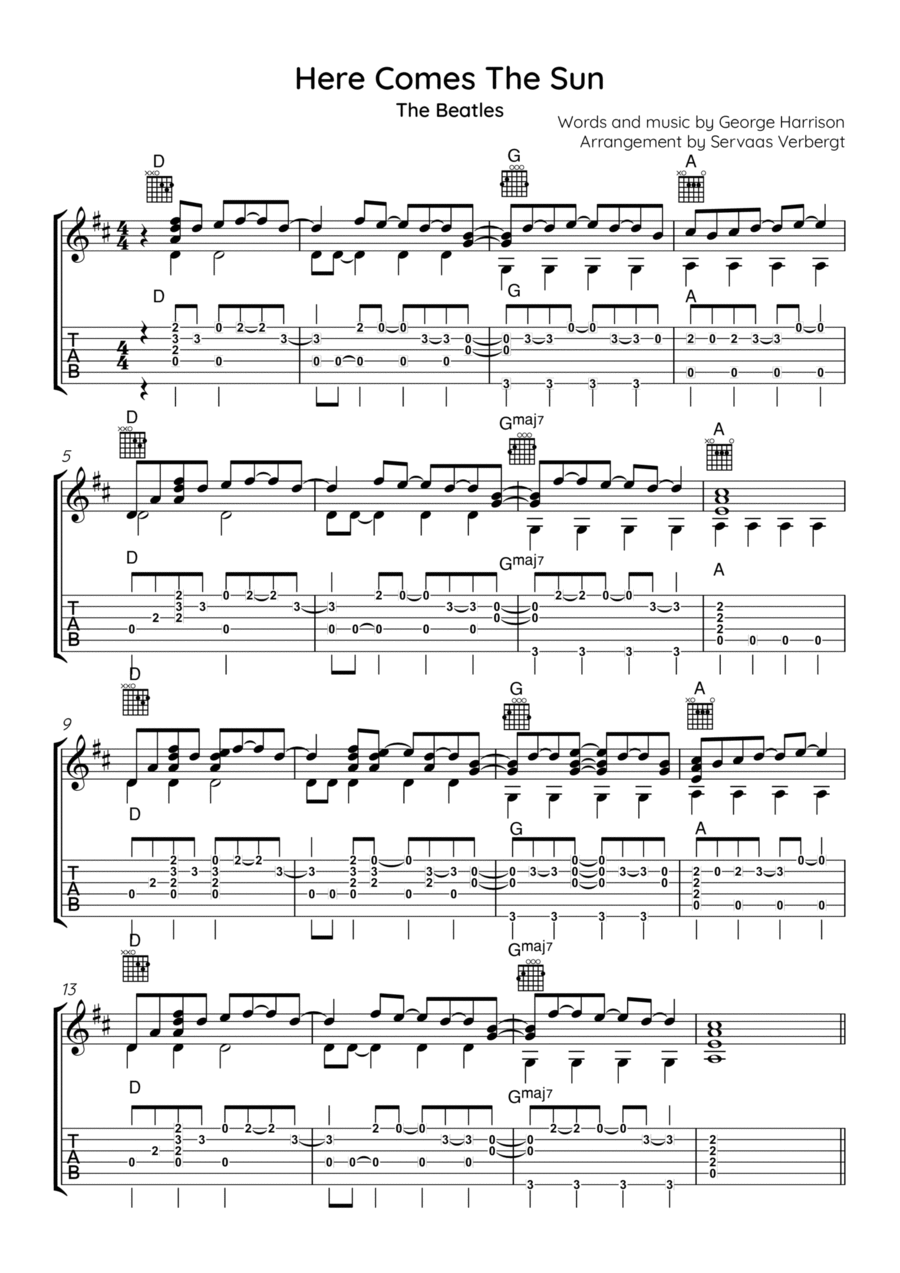 Here Comes The Sun by The Beatles Guitar Tablature Digital Sheet Music Sheet Music Plus