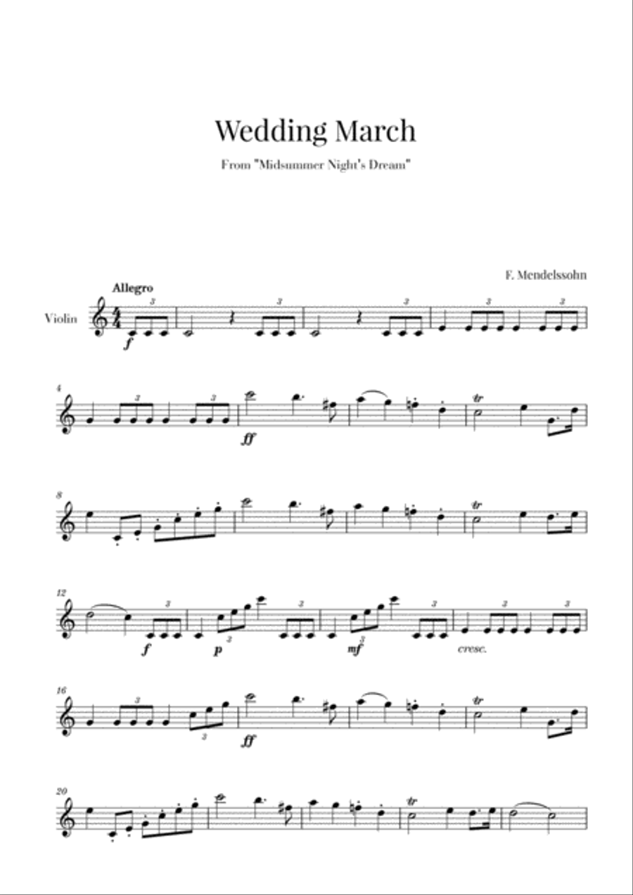 Wedding March Bridal Chorus Here comes the Bride for Violin Solo
