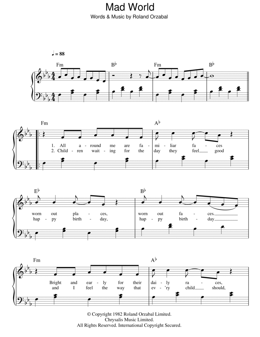 Mad World - Gary Jules Sheet music for Piano, Vocals (Mixed Trio)
