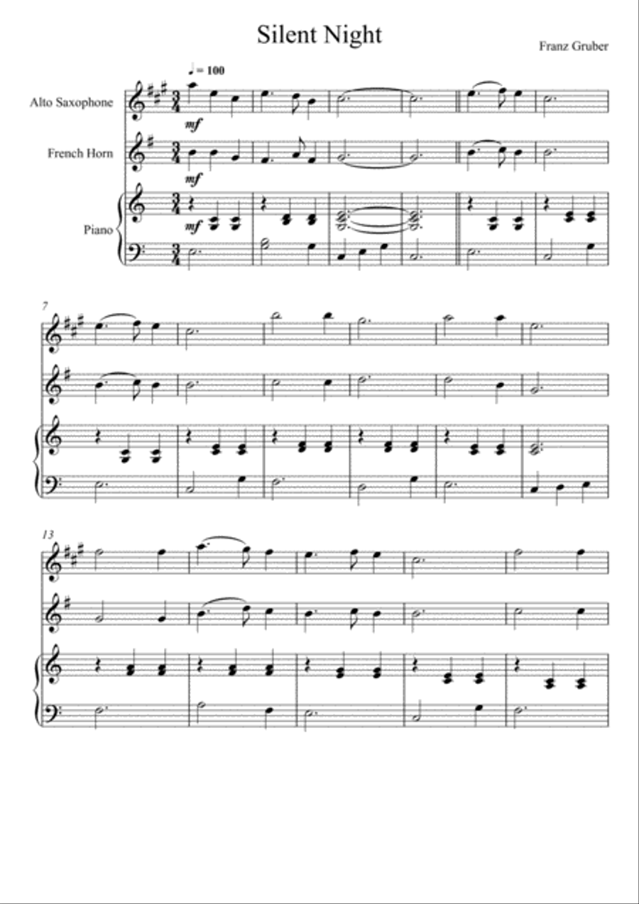 Franz Gruber Silent Night Alto Saxophone and French Horn Duet by Franz Xaver Gruber Woodwind Duet Digital Sheet Music Sheet Music Plus