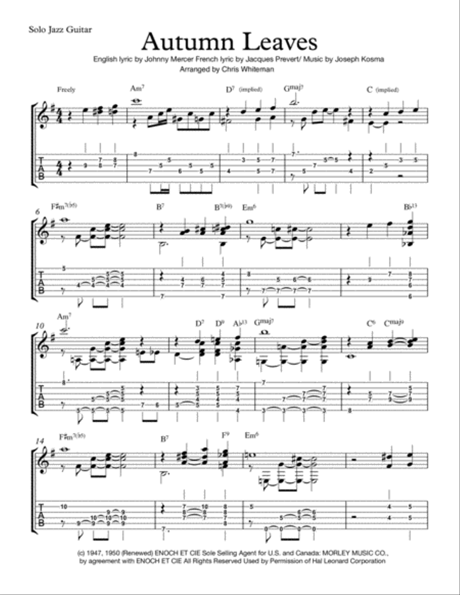 Autumn Leaves Jazz Guitar Chord Melody Sheet Music Plus