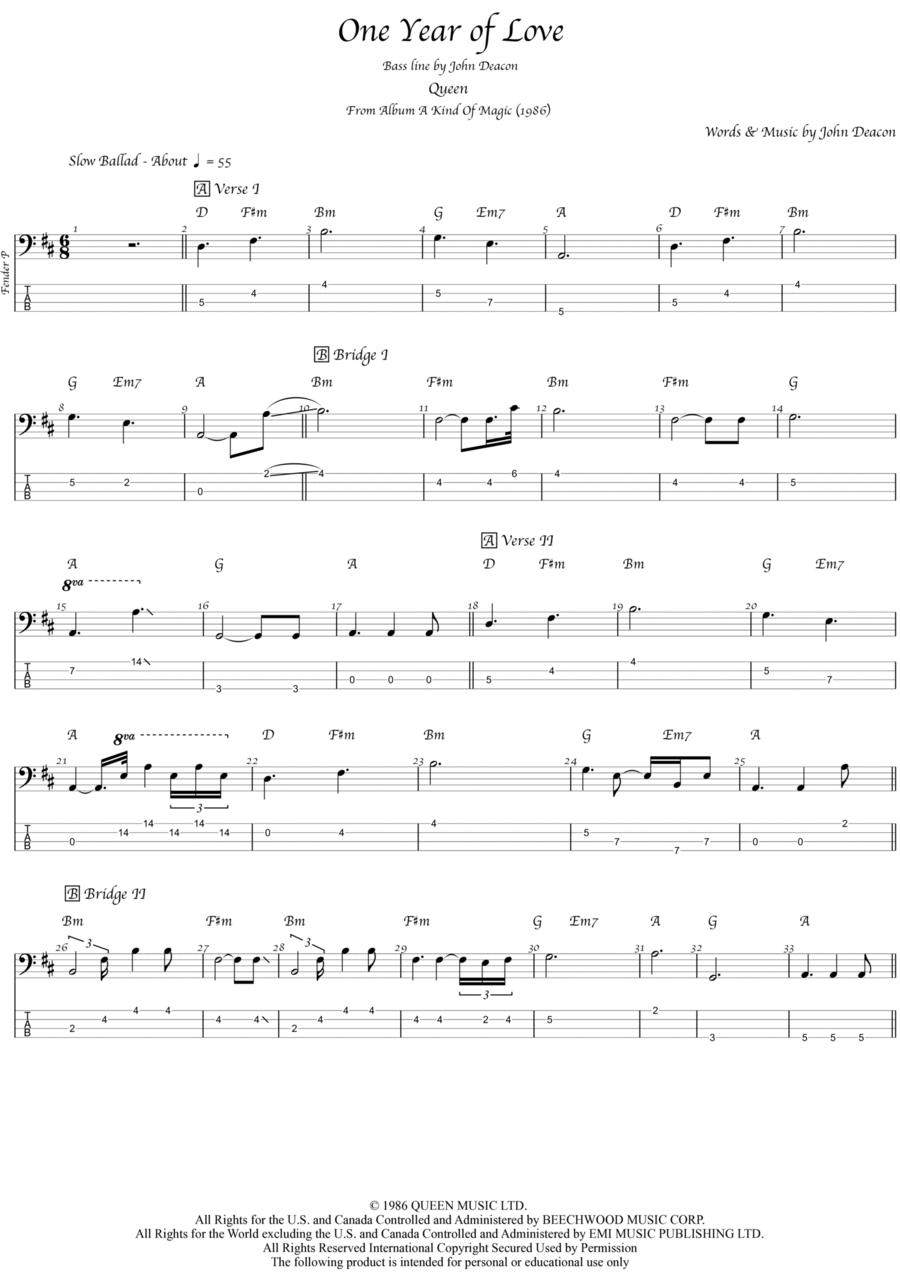 One Year Of Love by Queen Guitar Tablature Digital Sheet Music