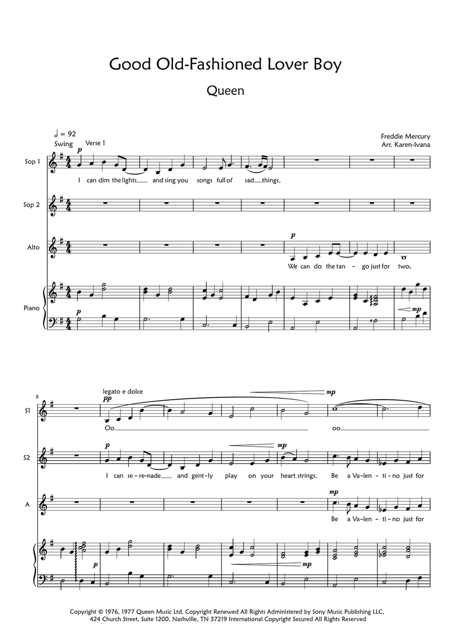 Good Oldfashioned Lover Boy by Queen SSA Digital Sheet Music Sheet Music Plus