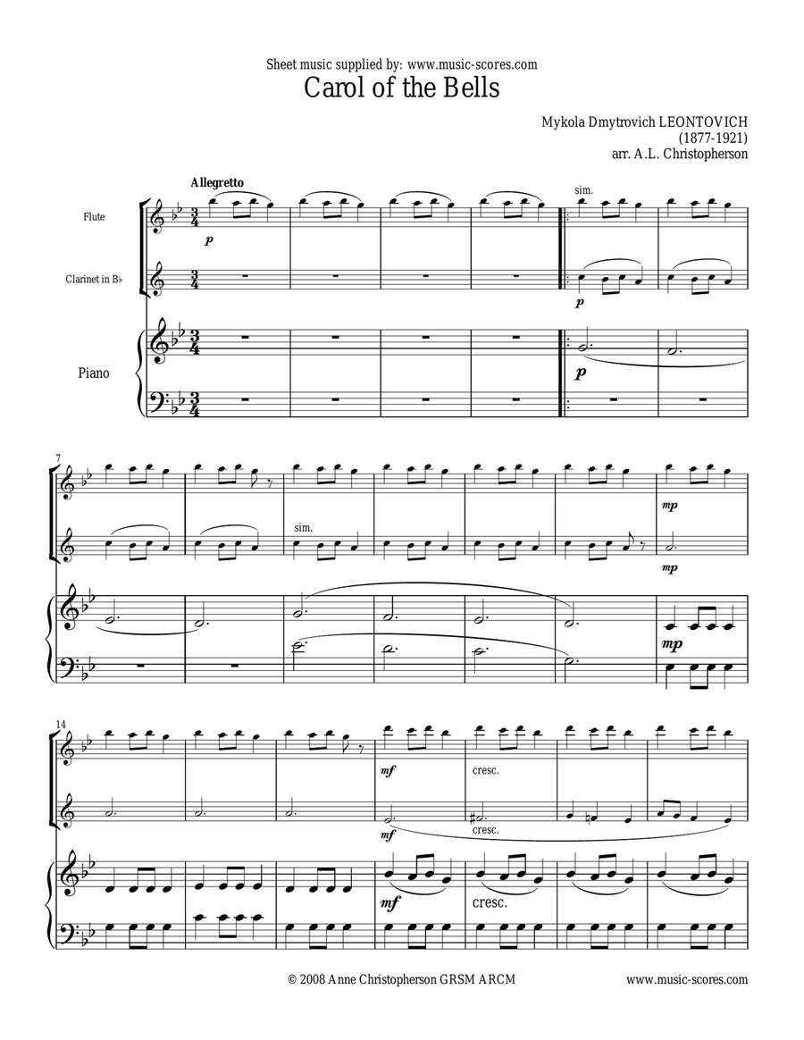 Carol of the Bells Flute Clarinet and Piano