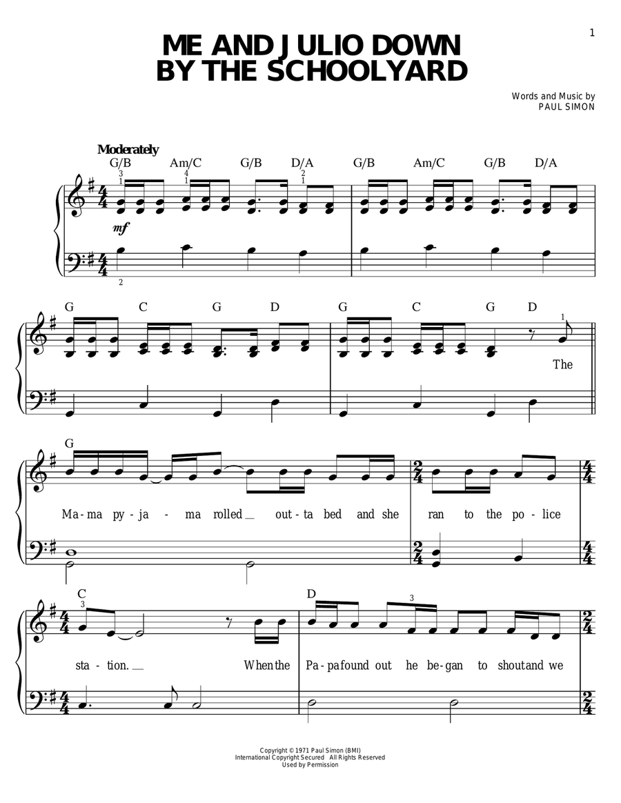 Me And Julio Down By The Schoolyard by Paul Simon Easy Piano Digital Sheet Music Sheet