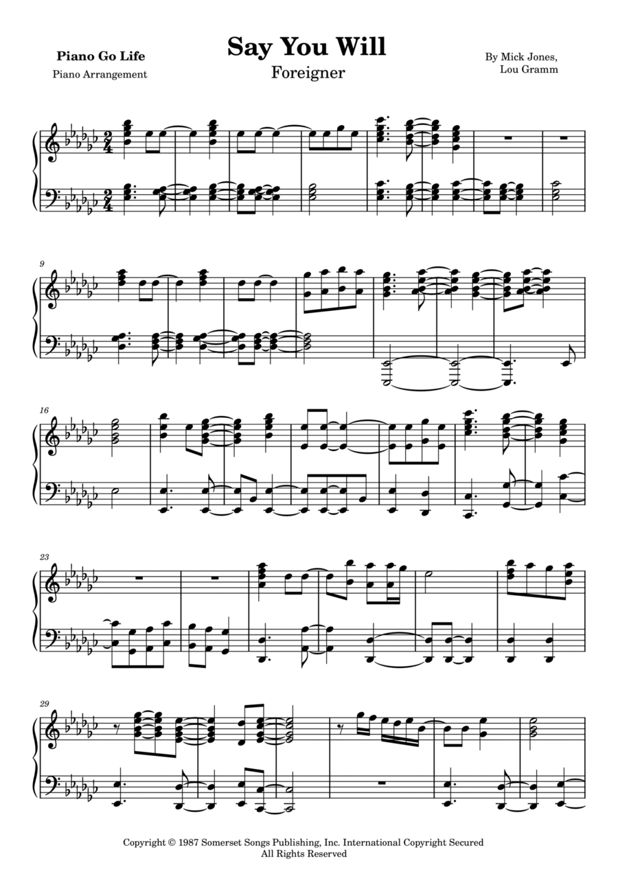 Say You Will by Foreigner - Piano Solo - Digital Sheet Music