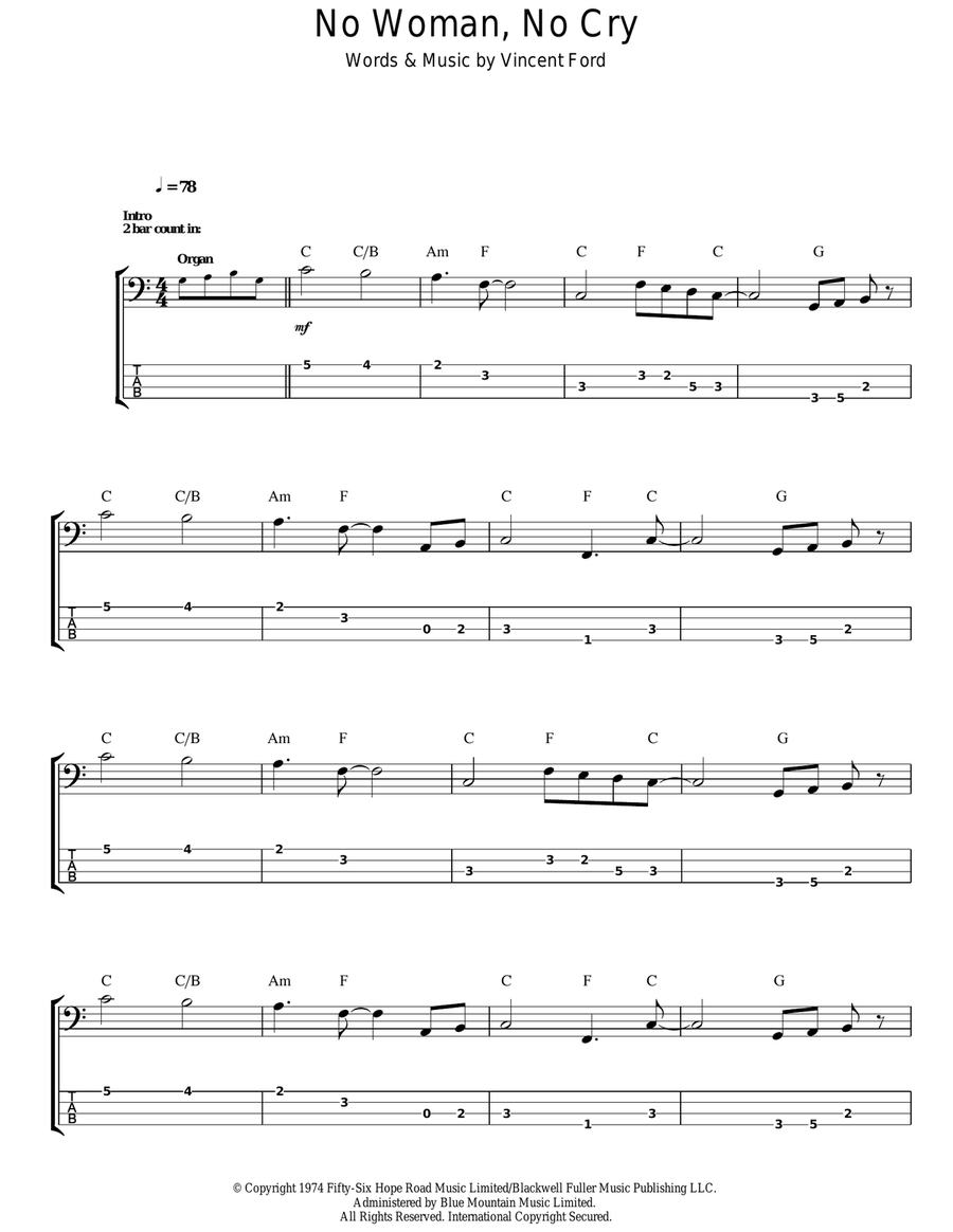 No Woman No Cry" Sheet Music by Bob Marley for Easy Guitar