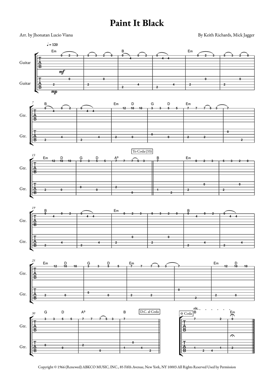 Paint It, Black by The Rolling Stones - Acoustic Guitar - Digital Sheet ...