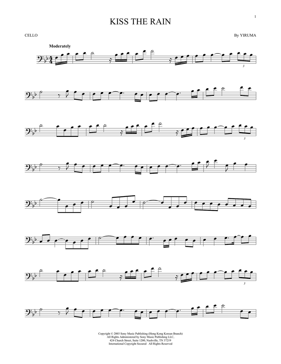 Kiss The Rain by Yiruma Cello Solo Digital Sheet Music Sheet