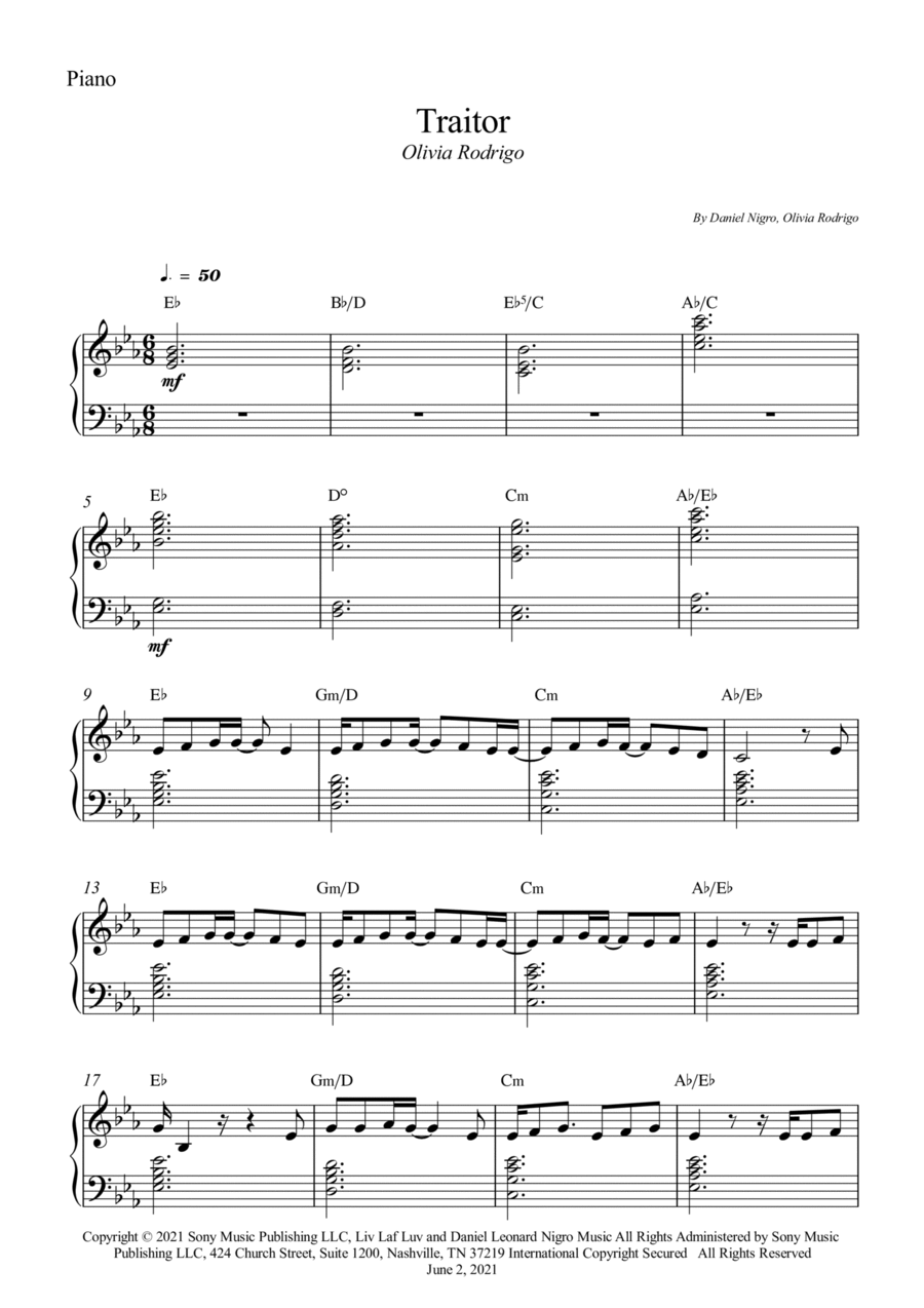 Olivia Rodrigo traitor Sheet Music (Leadsheet) in Eb Major