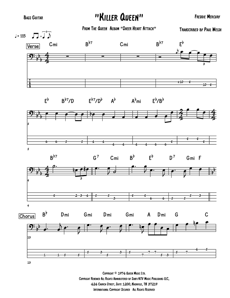 Killer Queen by Queen - Bass Guitar Tablature - Intermediate
