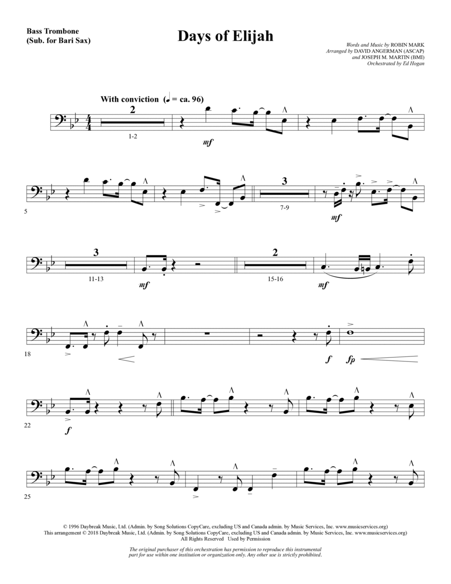 Days of Elijah (arr. David Angerman) Bass Trombone (sub. Bari Sax) by