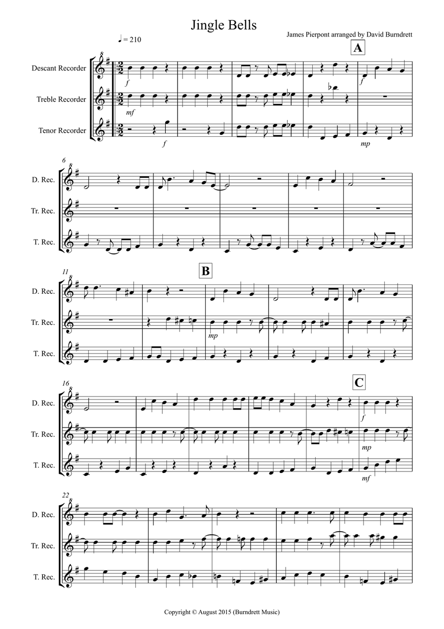 Jingle Bells jazzy style for Recorder Trio by James Pierpont